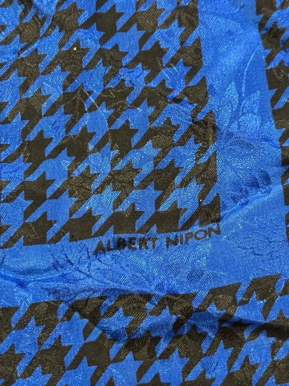 Albert Nipon Vintage Blue and Black Houndstooth Silk Long Scarf